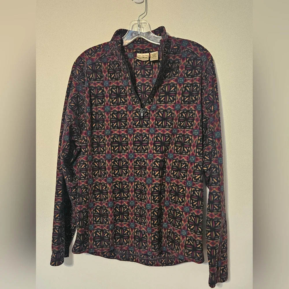 L.L. Bean 90s Vintage Mens Fleece 1/4 Zip Geometric Tribal Sweater Size Medium